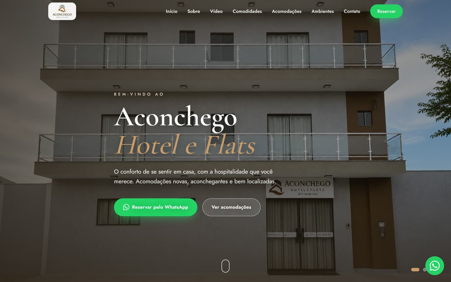 Site real do Aconchego Hotel e Flats, criado pela Mainly, com reserva pelo WhatsApp